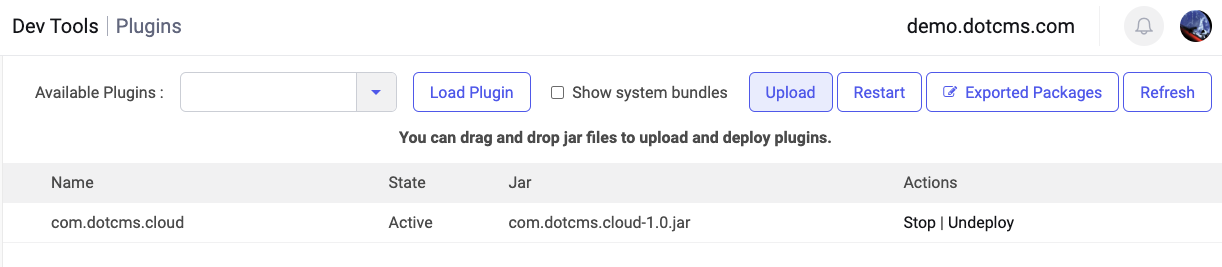 Dev Tools Plugins pane with Upload button highlighted.